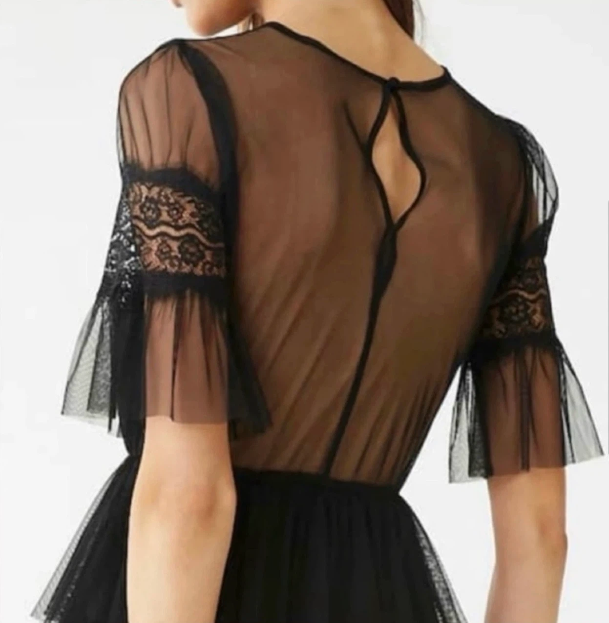 Sheer Black Fit & Flare Ruffle Sleeve Mini Shirtdress size M - photo 3