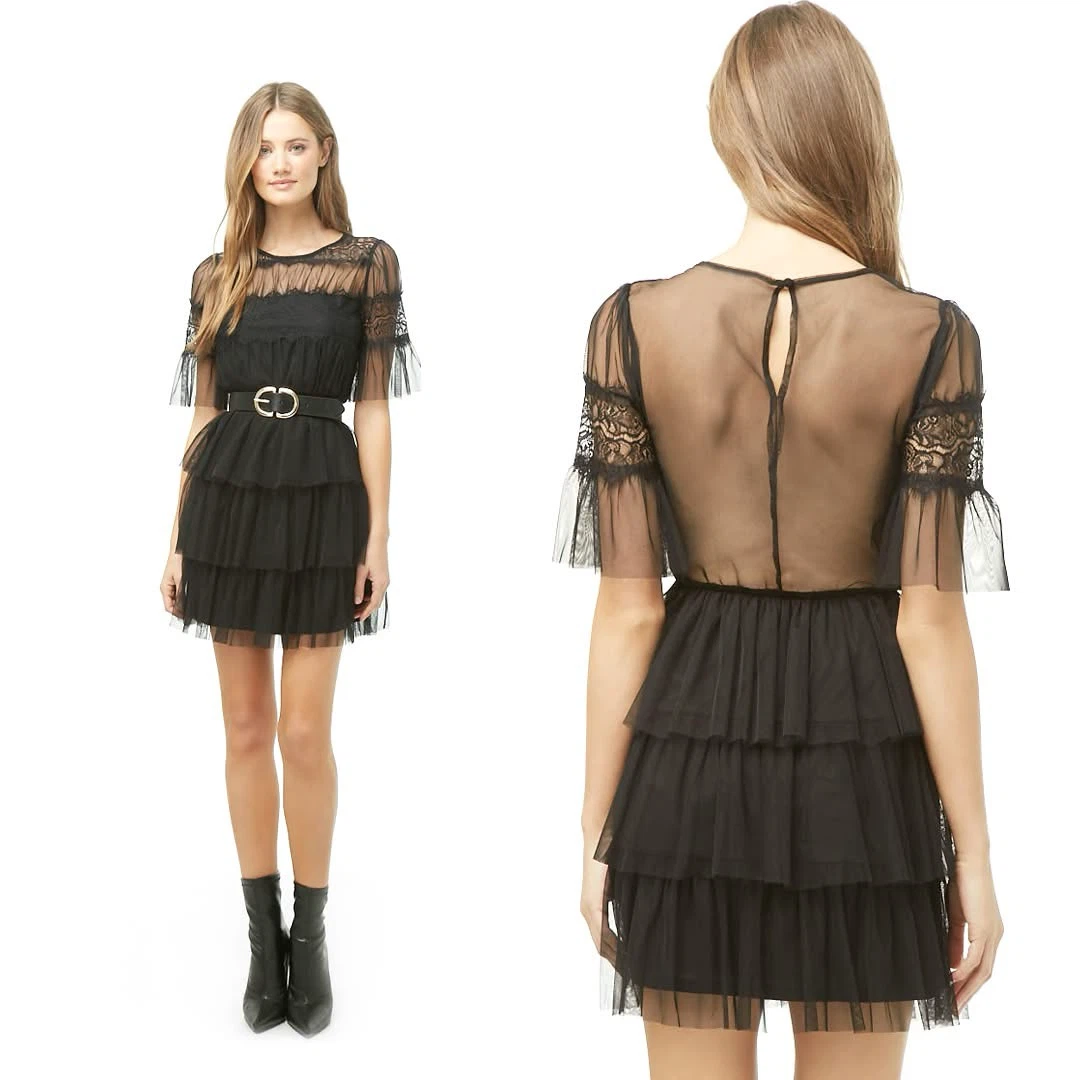 Sheer Black Fit & Flare Ruffle Sleeve Mini Shirtdress size M - photo 4