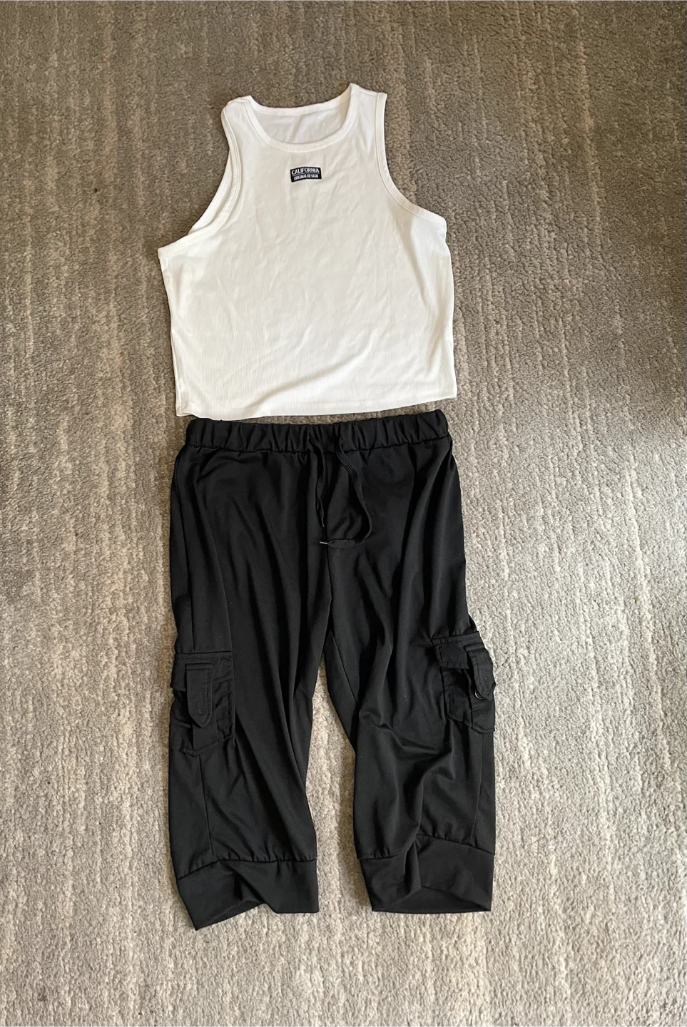 White mid length Tank Top & Black Cargo Capris Set
