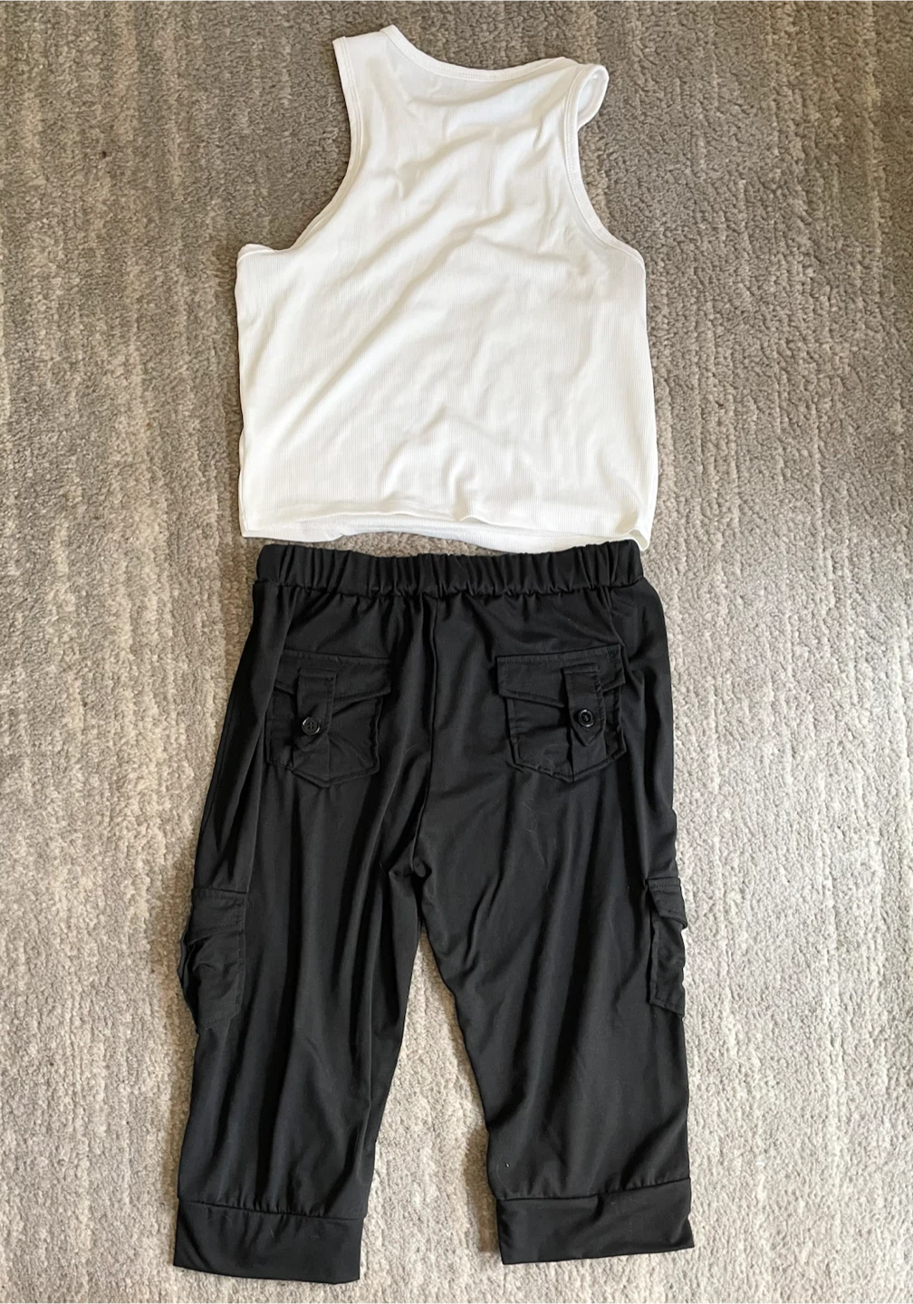White mid length Tank Top & Black Cargo Capris Set - photo 2