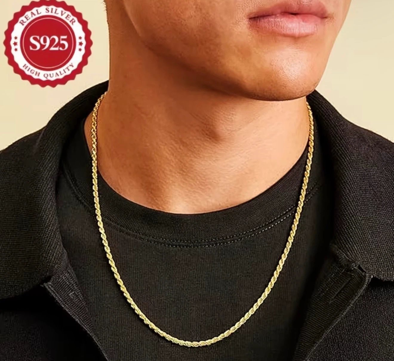Men's 925 Sterling Silver Rope Chain Necklace