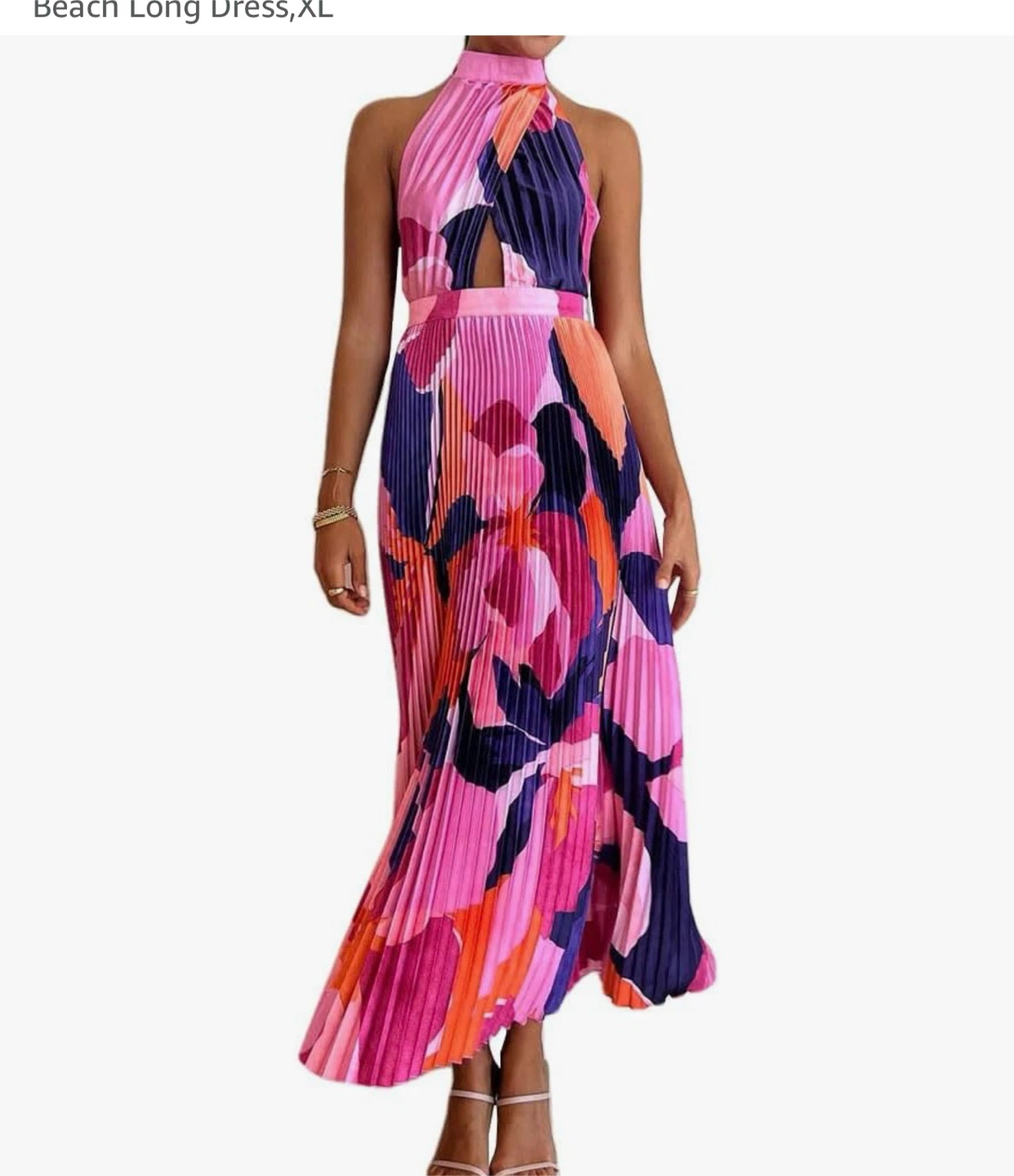 Pleated Beach Maxi Dress - Pink/Purple Print - XL
