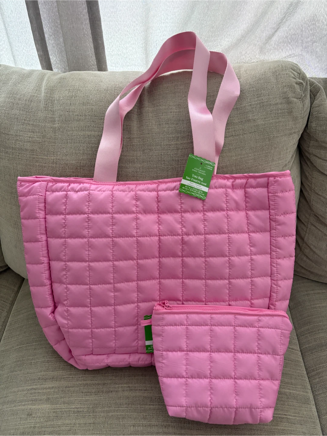 Ashland Pink Quilted Tote Bag with Pouch