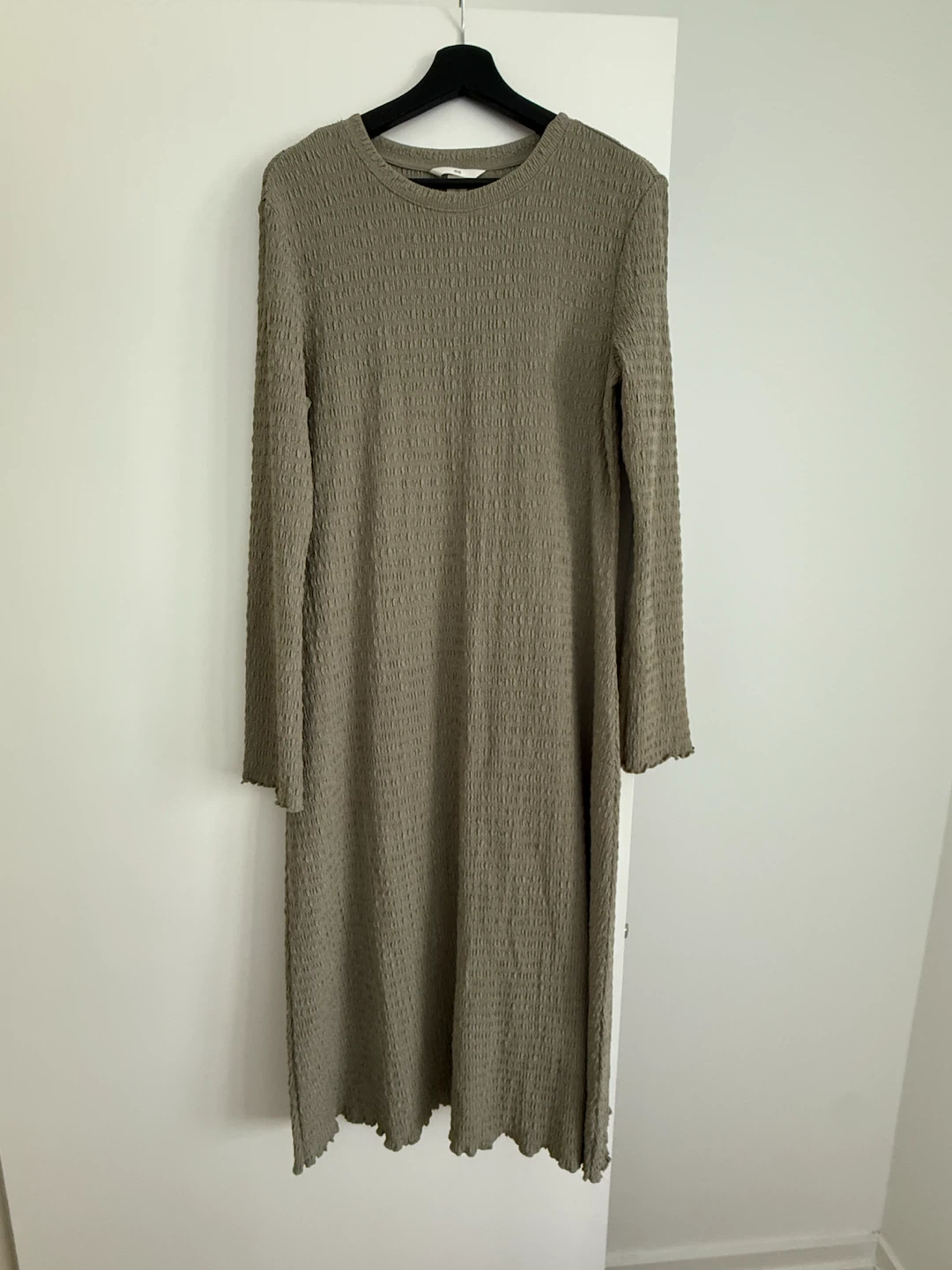 Olive Green Textured Long Sleeve Dress, stretchy, size L