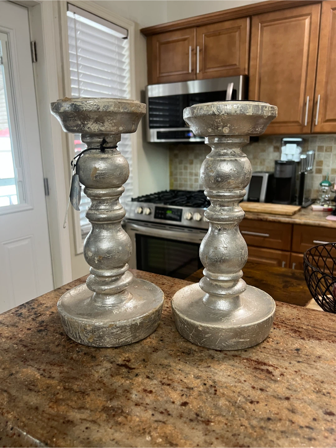 Rustic Silver Distressed Wood Candle Holders – Set of 2