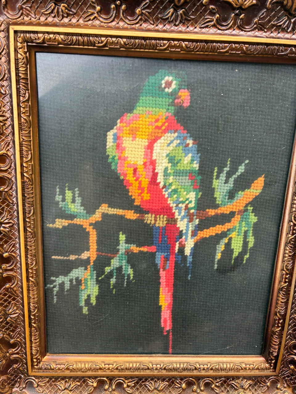 Framed Needlepoint Parrot Wall Art