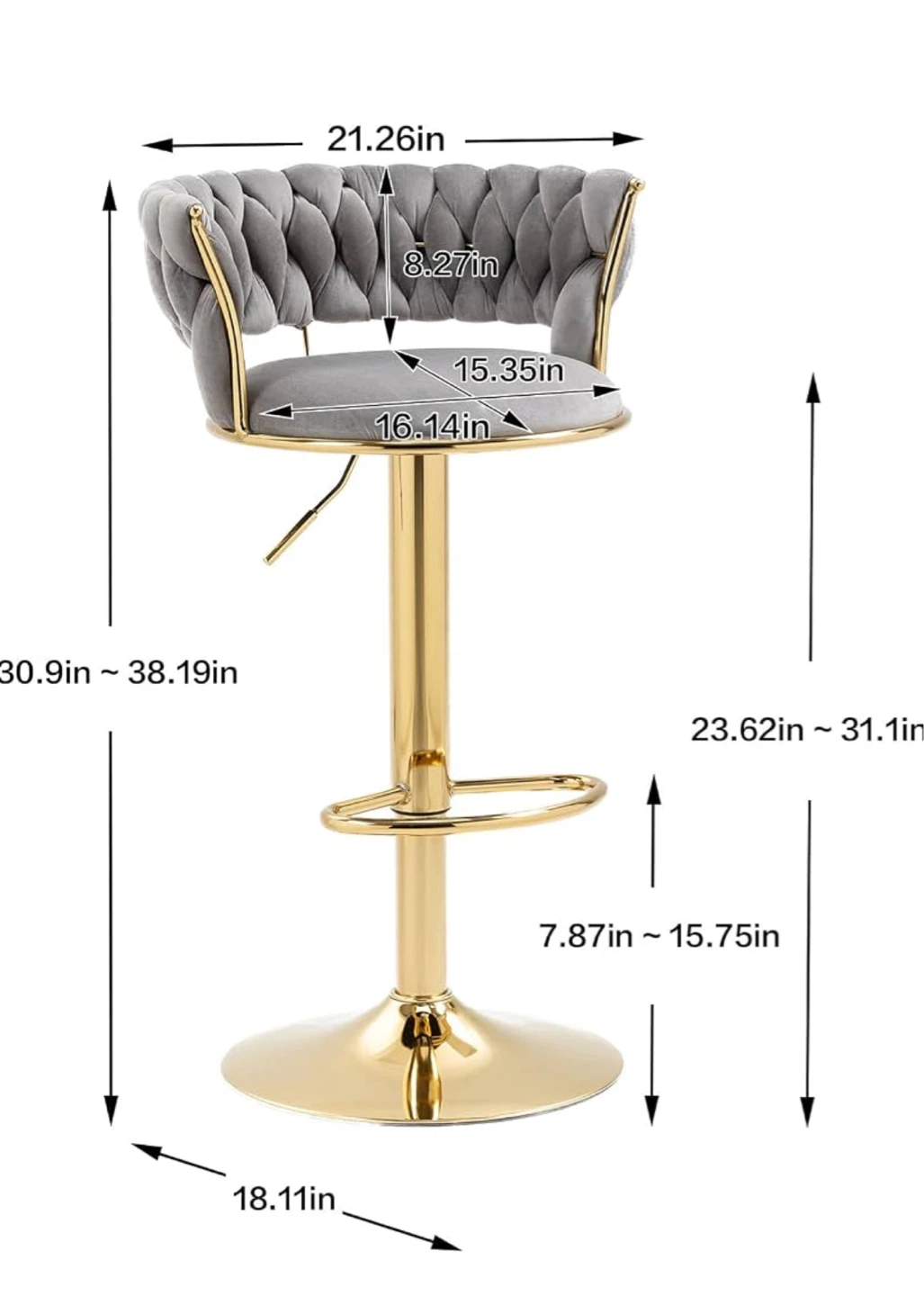 Set of 3 Gray Velvet Tufted Bar Stool with Gold Base