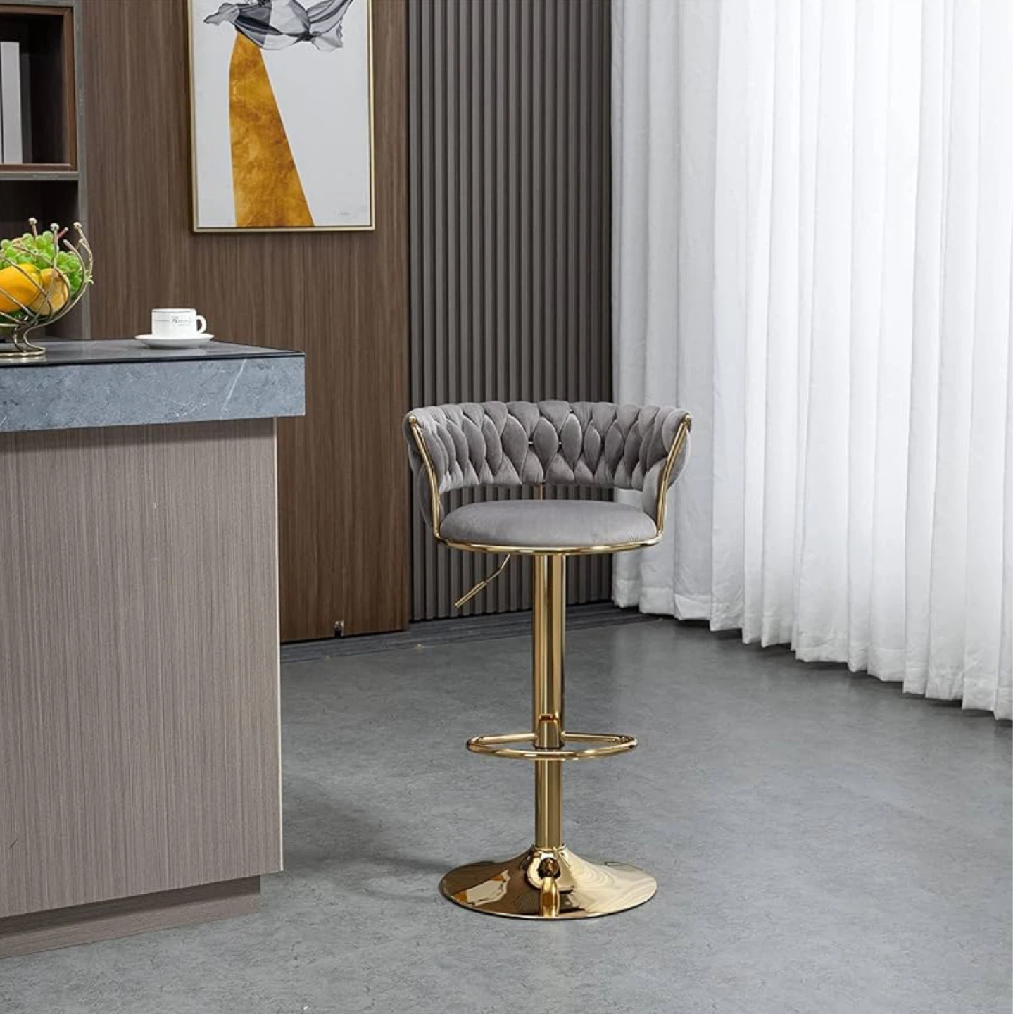 Set of 3 Gray Velvet Tufted Bar Stool with Gold Base - photo 2