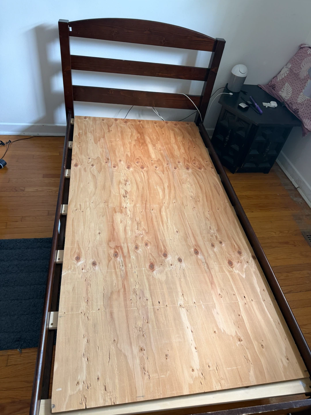 Dark Wood Bed Frame with Plywood Base