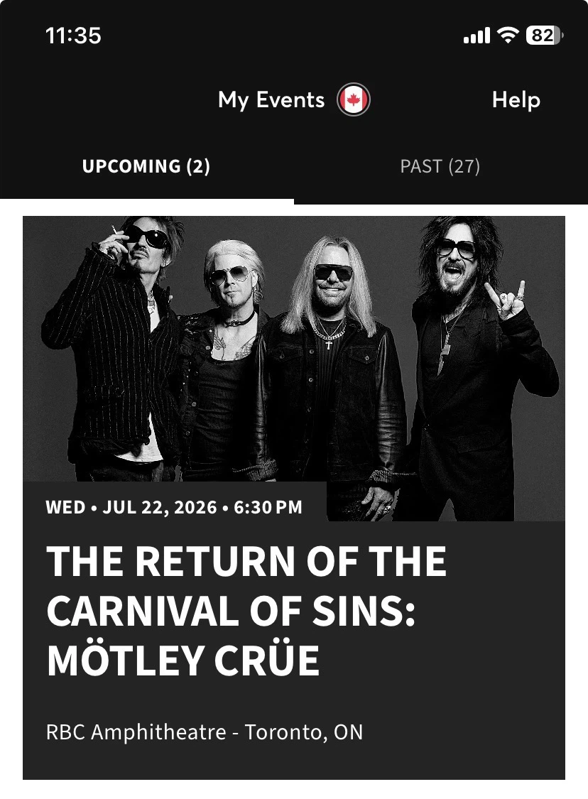 2 Motley Crue Concert Tickets - Toronto - July 26, 2026