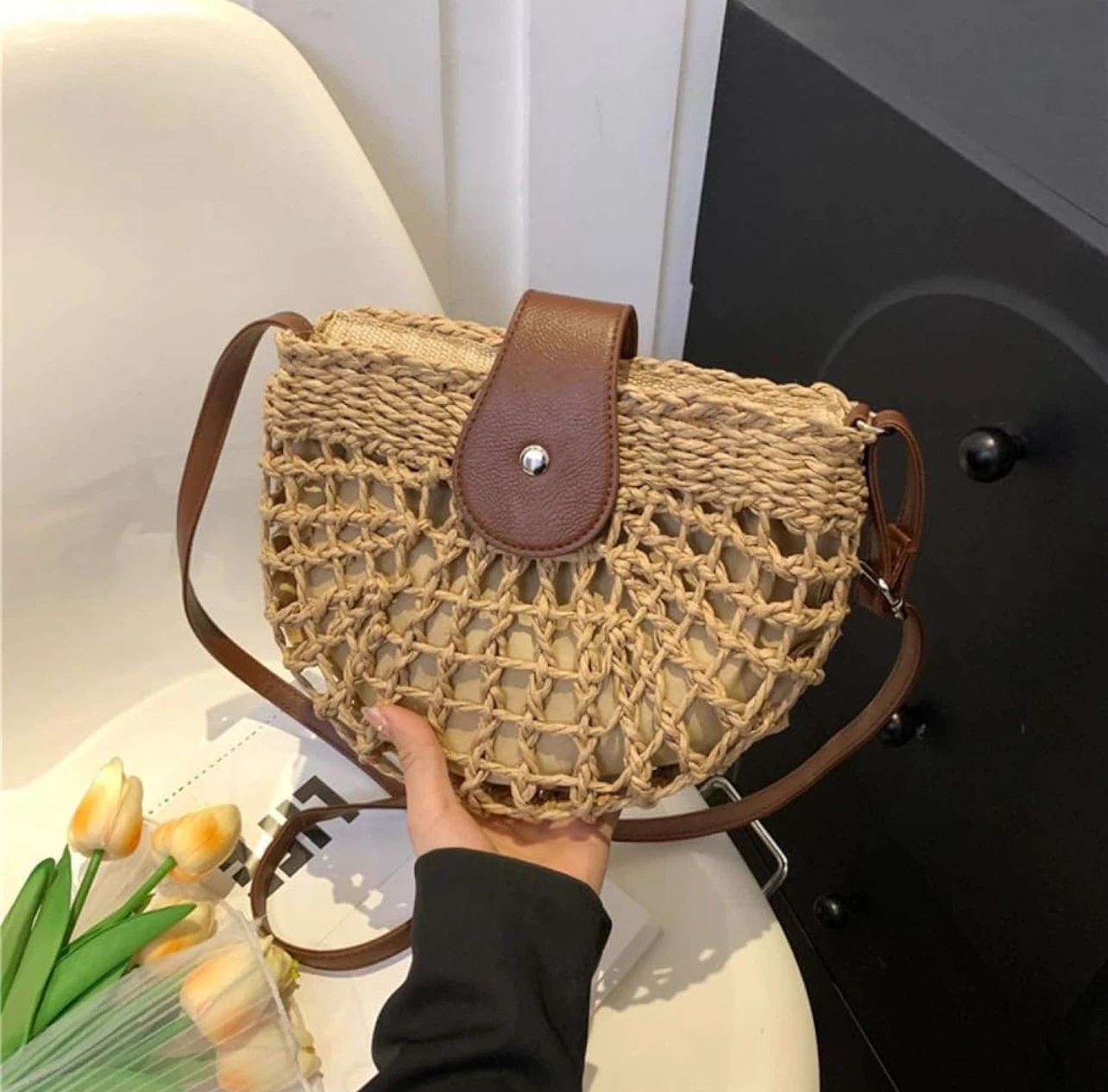 Woven Straw Crossbody Bag with Leather Accents