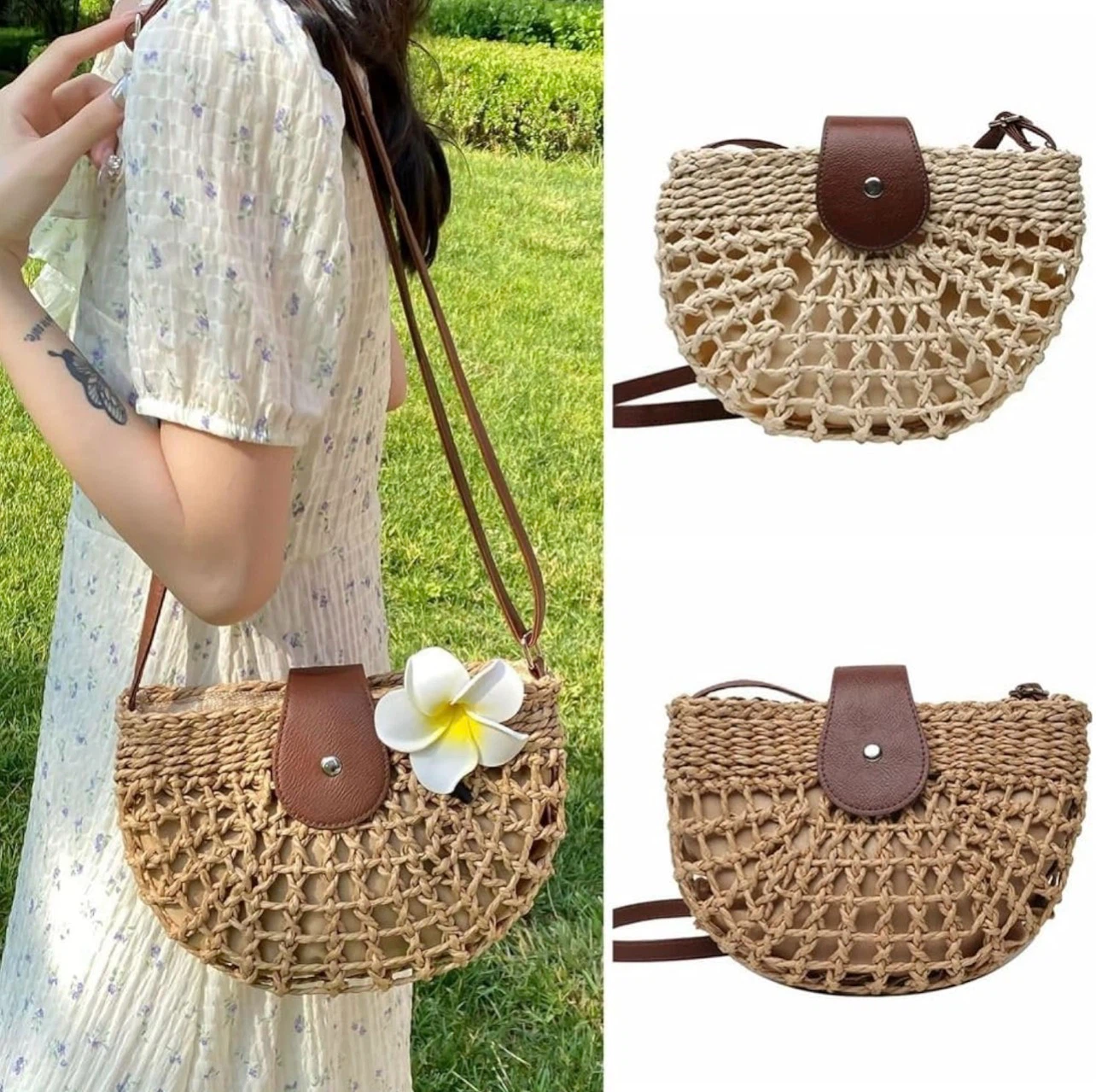 Woven Straw Crossbody Bag with Leather Accents - photo 2