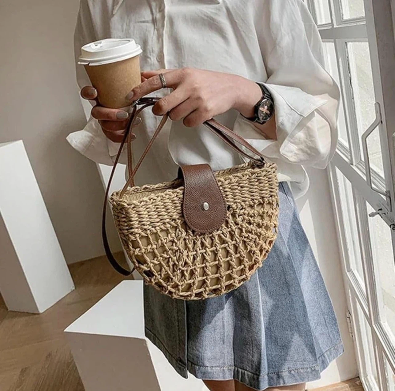 Woven Straw Crossbody Bag with Leather Accents - photo 5