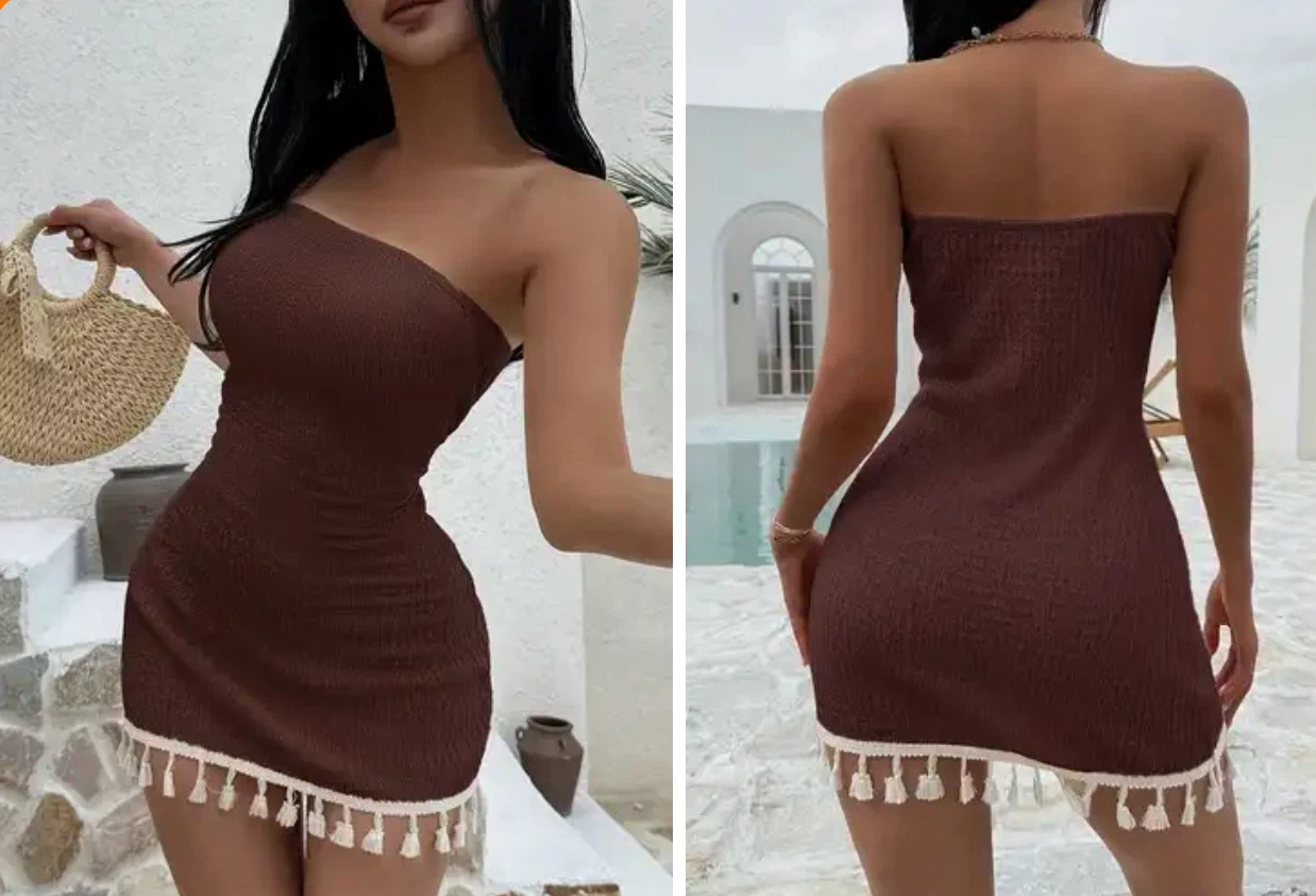 Brown strapless mini dress with tassel trim. Size medium