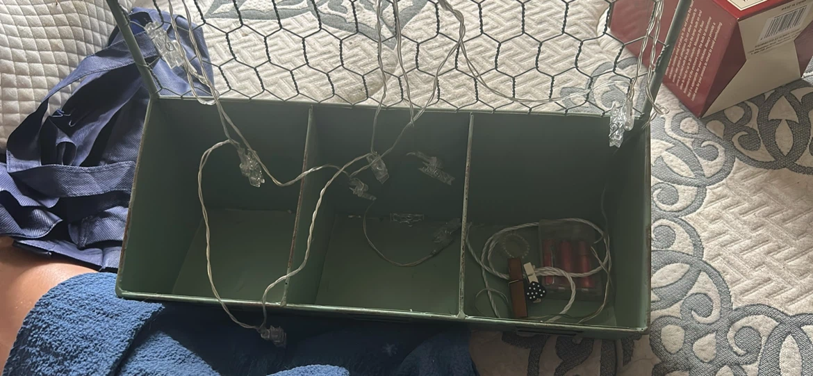 Green Metal Wall Organizer with Chicken Wire and Lights