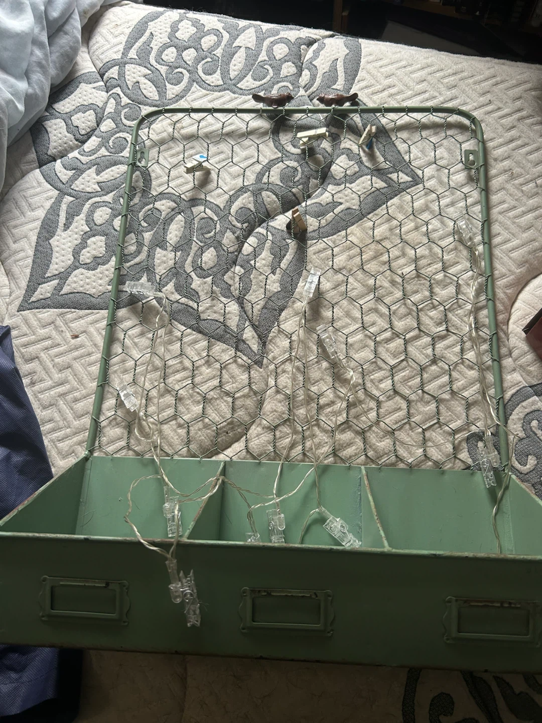 Green Metal Wall Organizer with Chicken Wire and Lights - photo 3