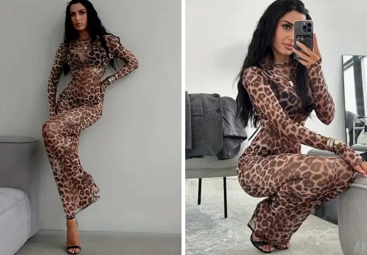 Sheer Leopard Print Maxi Dress. Size medium