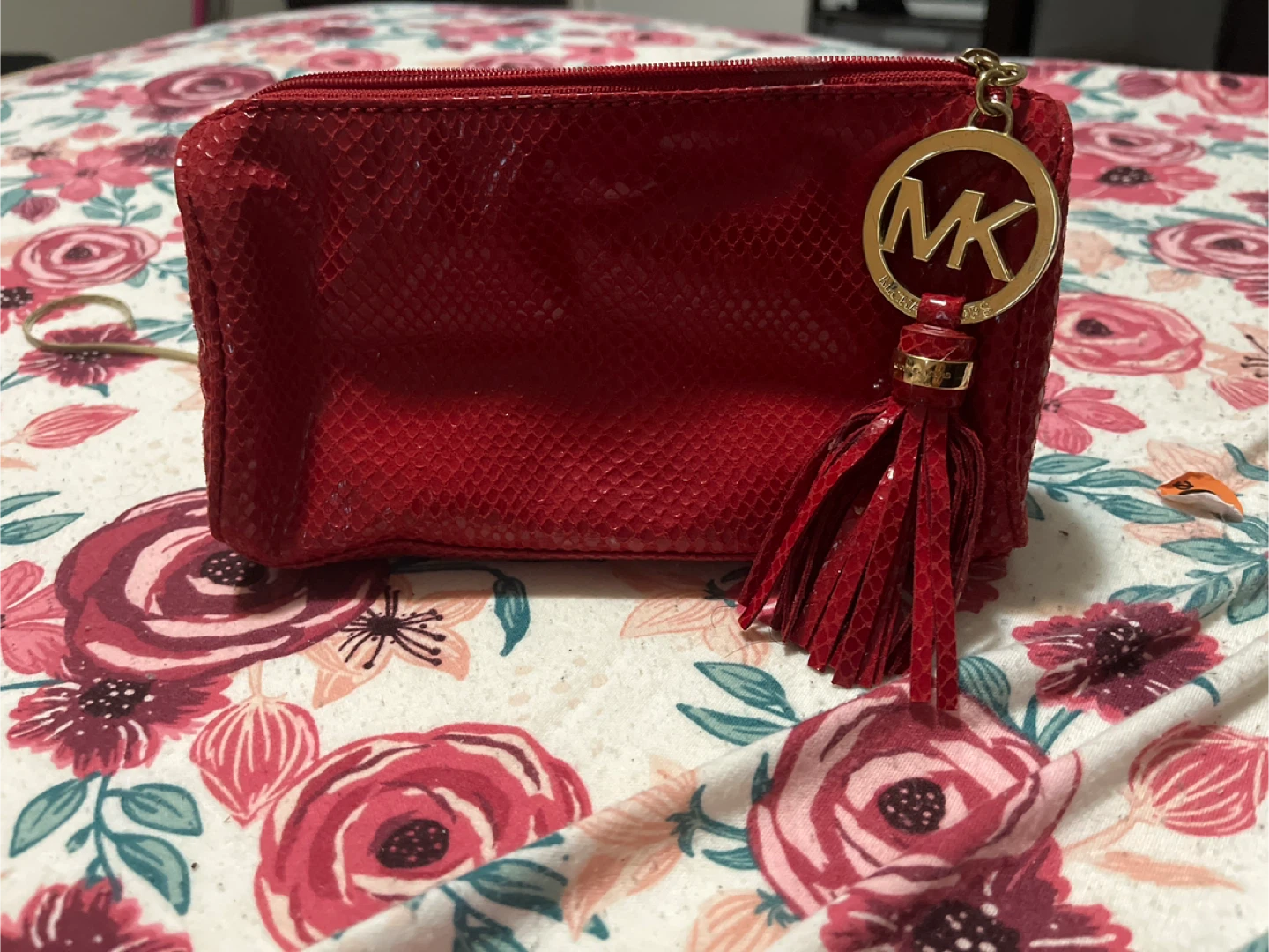 Michael Kors Red Snakeskin Cosmetic Bag with Tassel Charm