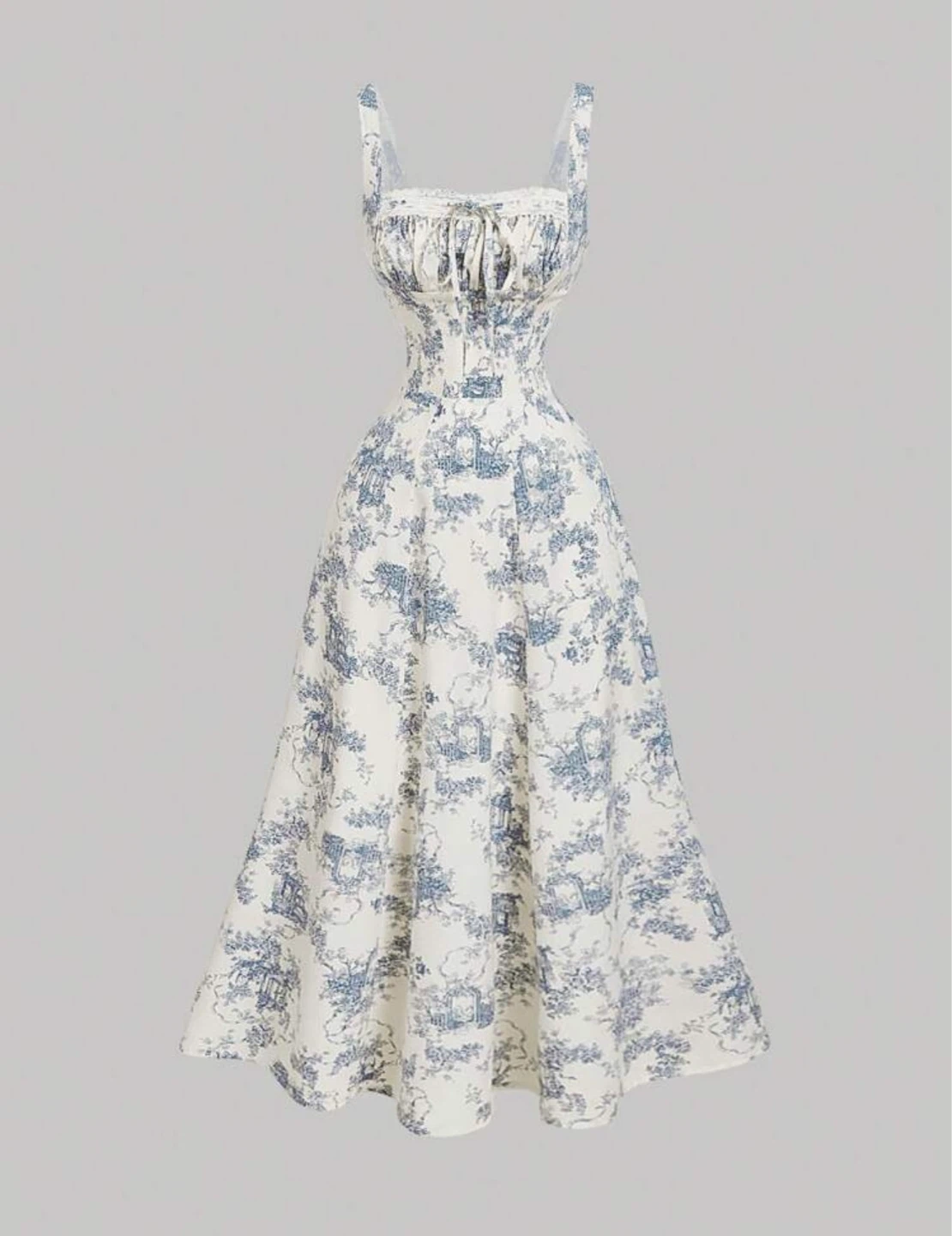 Blue and White Toile Print Corset Dress