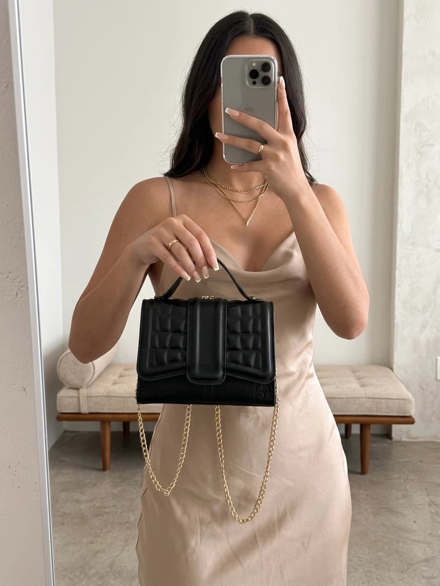 Black Croc-Embossed Top Handle Handbag + FREE Matching Wallet