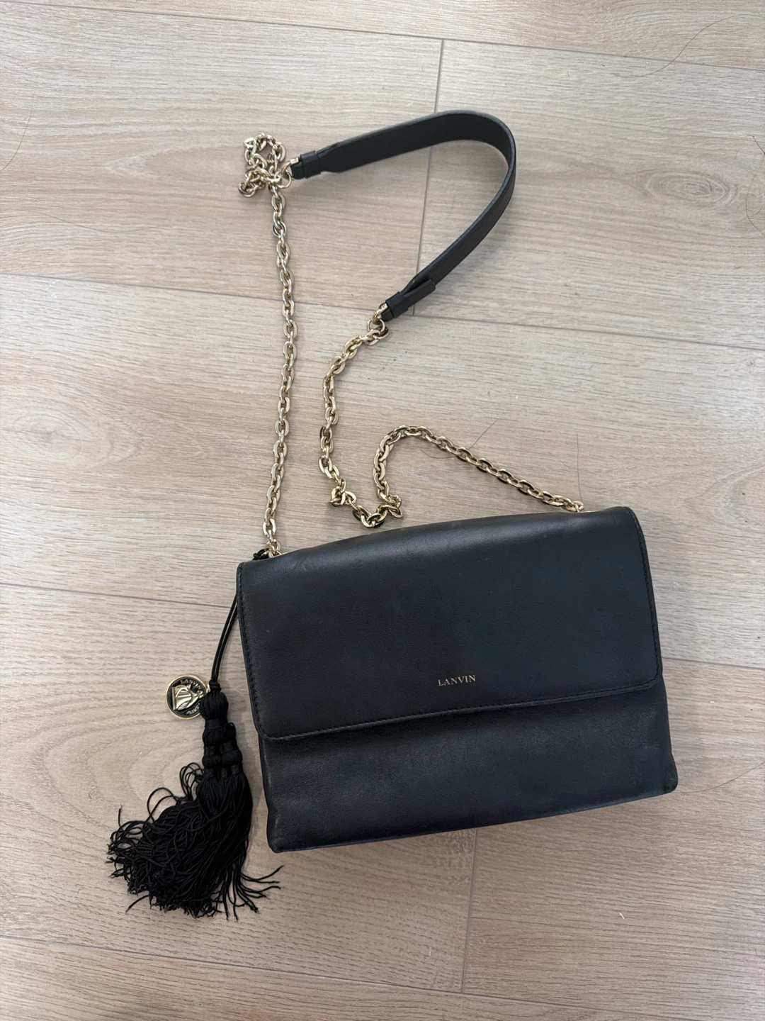 LANVIN Black Leather Small Sugar Bag with Tassel Charm