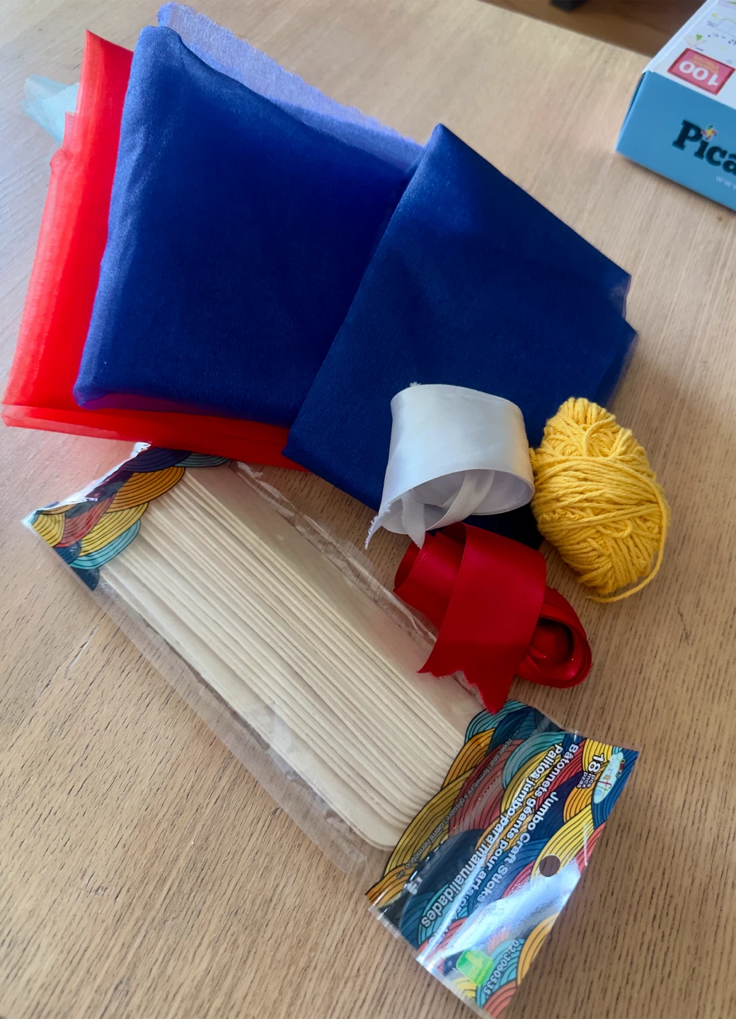 Craft Supplies Bundle - Jumbo Craft Sticks, Fabric, Yarn, Ribbon