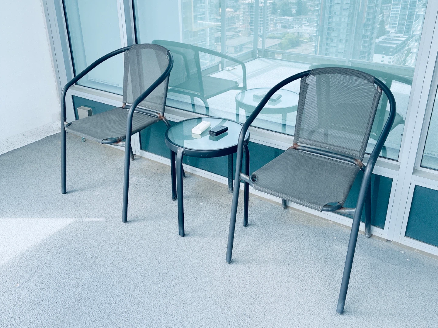 Set of 2 Outdoor Chairs and 1 Glass Top Side Table