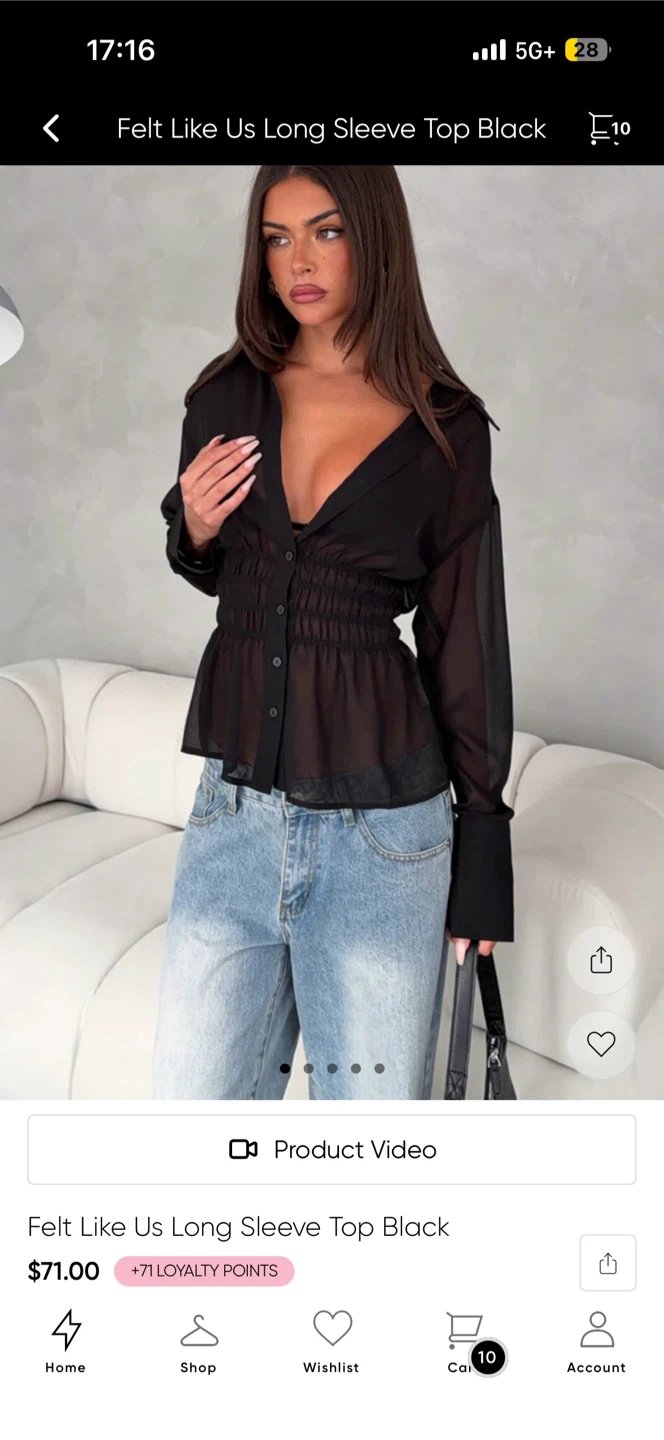 White Fox Long Sleeve Button Up Top Black