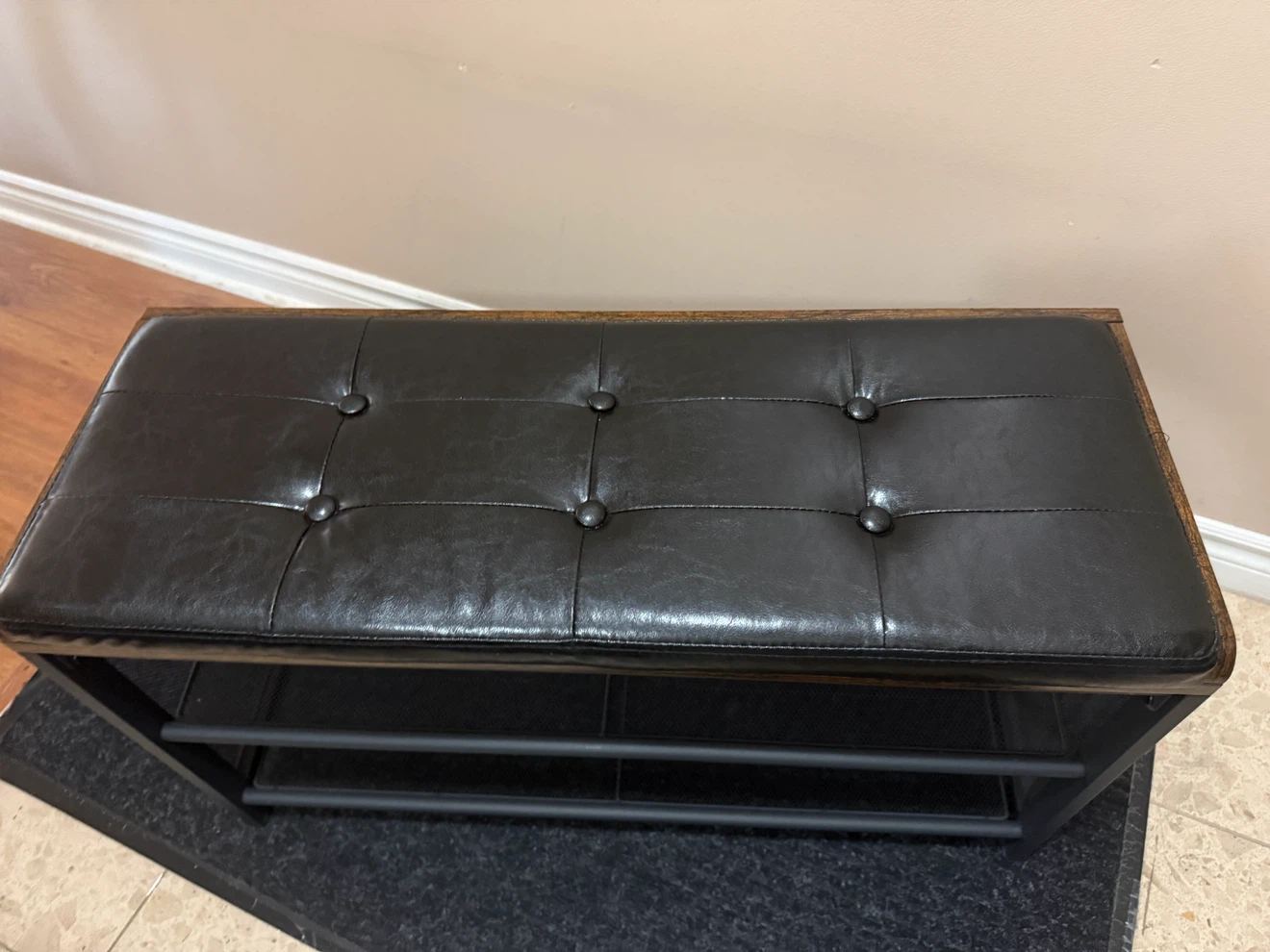 Black Faux Leather Shoe Bench with Storage Shelves