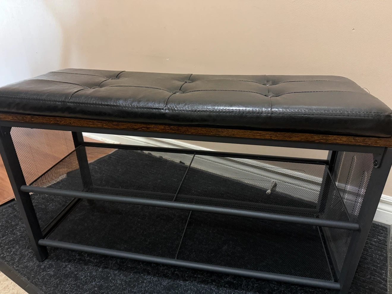 Black Faux Leather Shoe Bench with Storage Shelves - photo 2