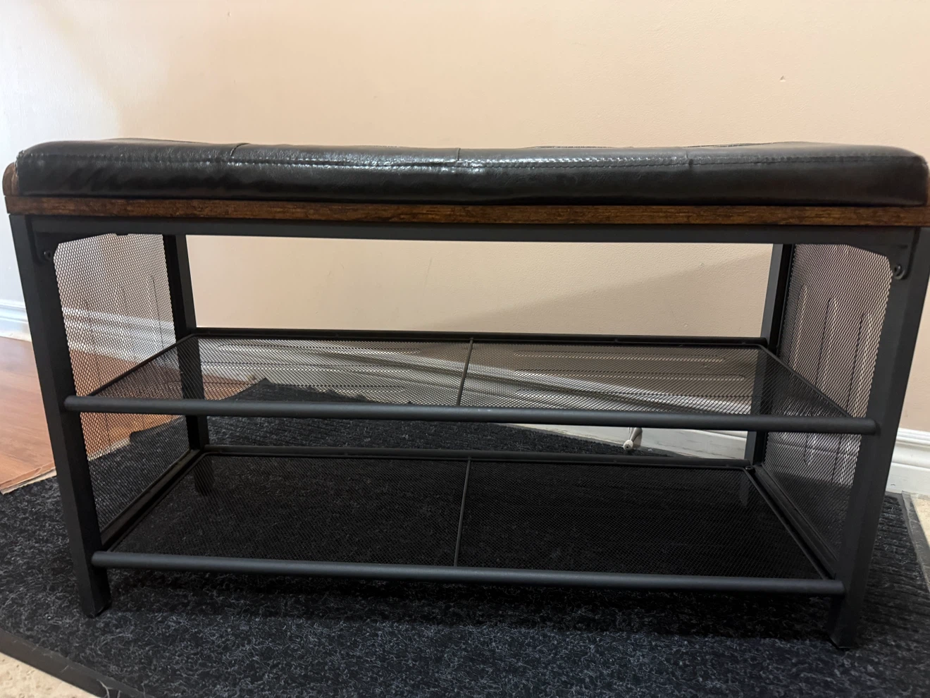 Black Faux Leather Shoe Bench with Storage Shelves - photo 3
