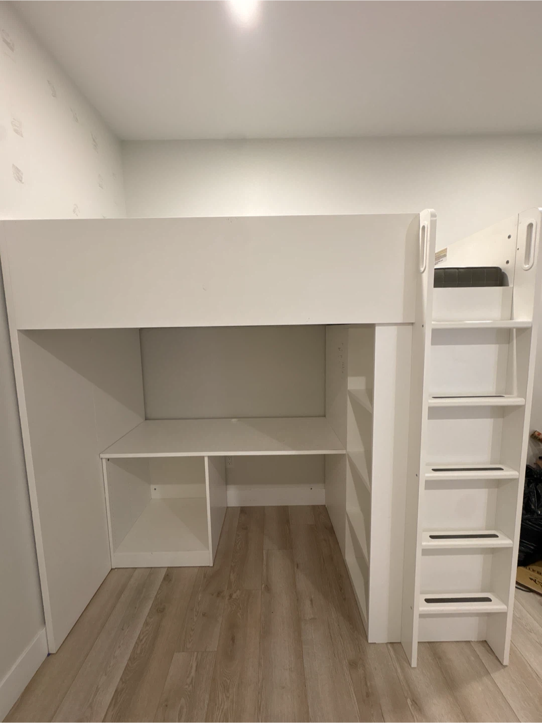 IKEA White Loft Bed with Desk and Shelving