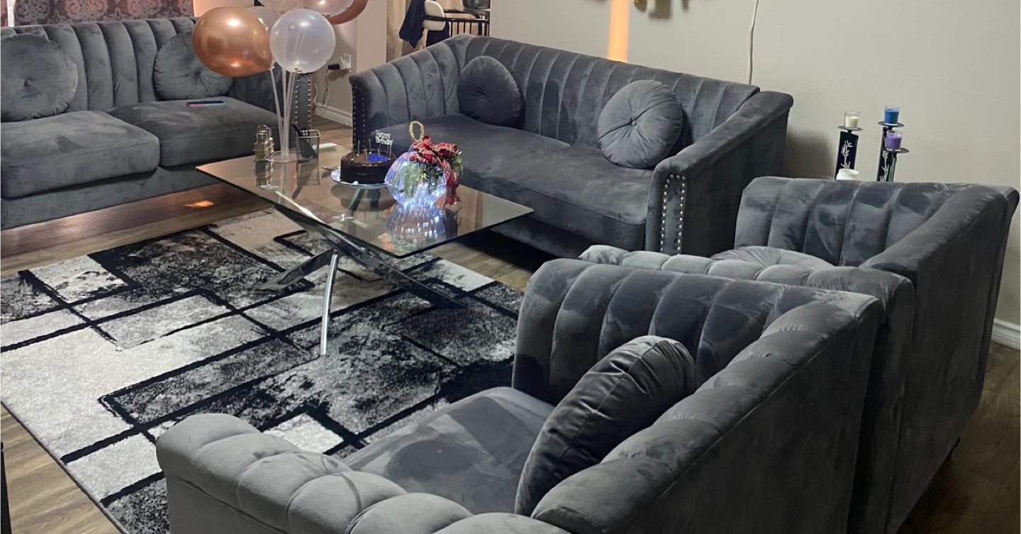 Grey Velvet Tufted Sofa with Round Pillows - photo 4