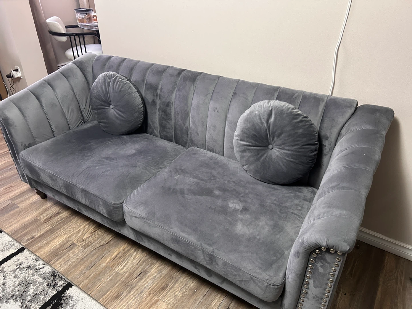 Grey Velvet Tufted Sofa with Round Pillows - photo 2