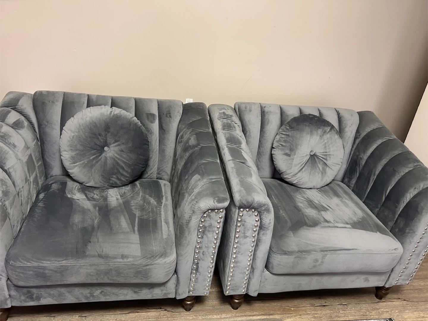 Grey Velvet Tufted Sofa with Round Pillows - photo 3