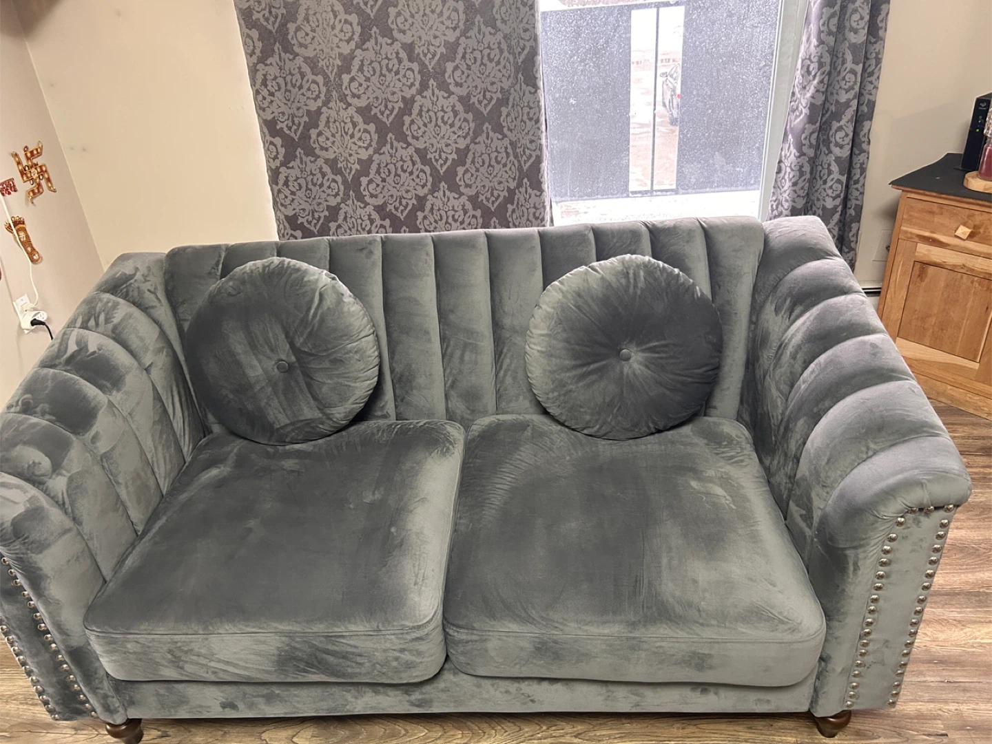 Grey Velvet Tufted Sofa with Round Pillows