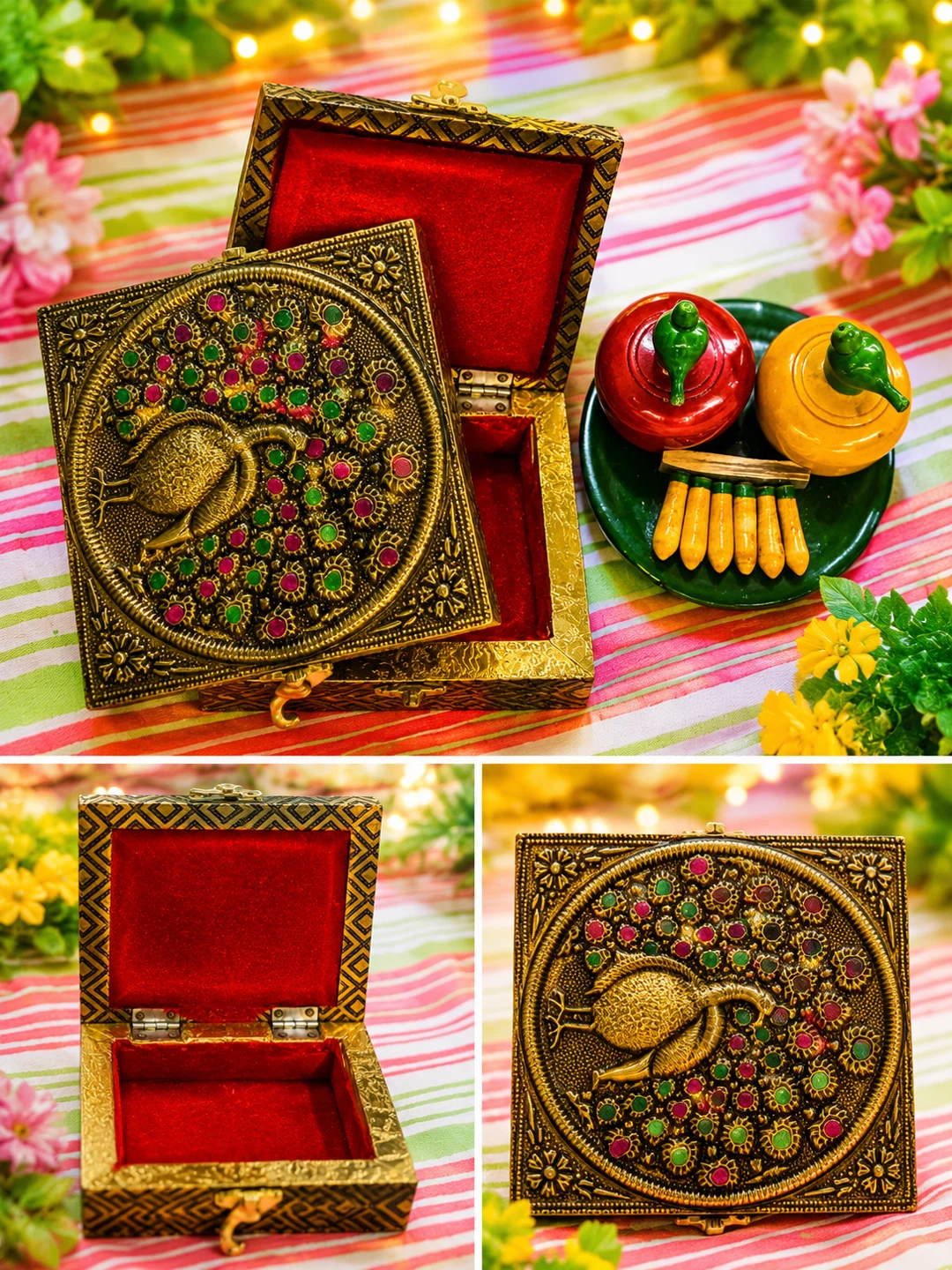 Antique Decorative Trinket Box with Peacock Design