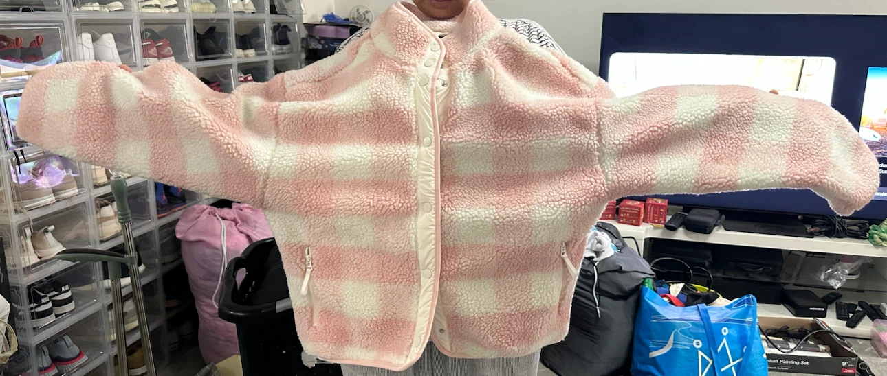 Fabletics Pink & White Plaid Sherpa Fleece Jacket Size M