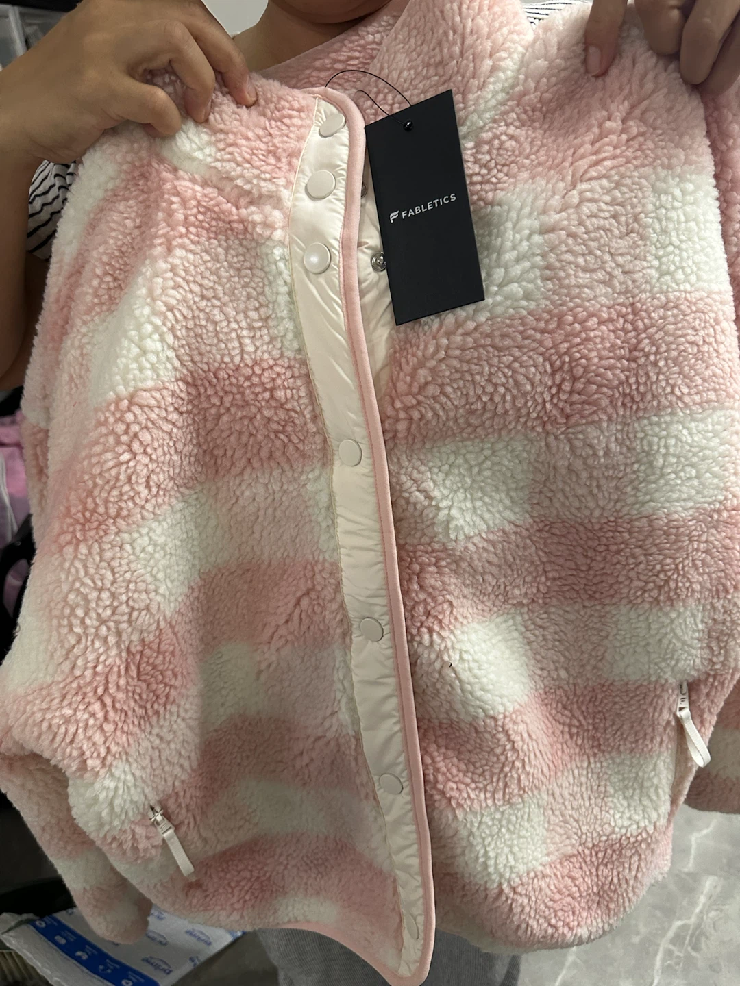Fabletics Pink & White Plaid Sherpa Fleece Jacket Size M - photo 2