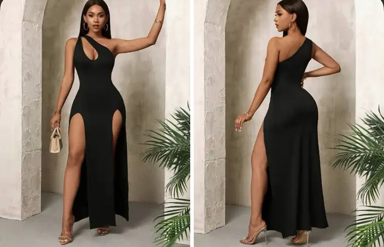 Black One-Shoulder Maxi Dress with High Slits. Size large