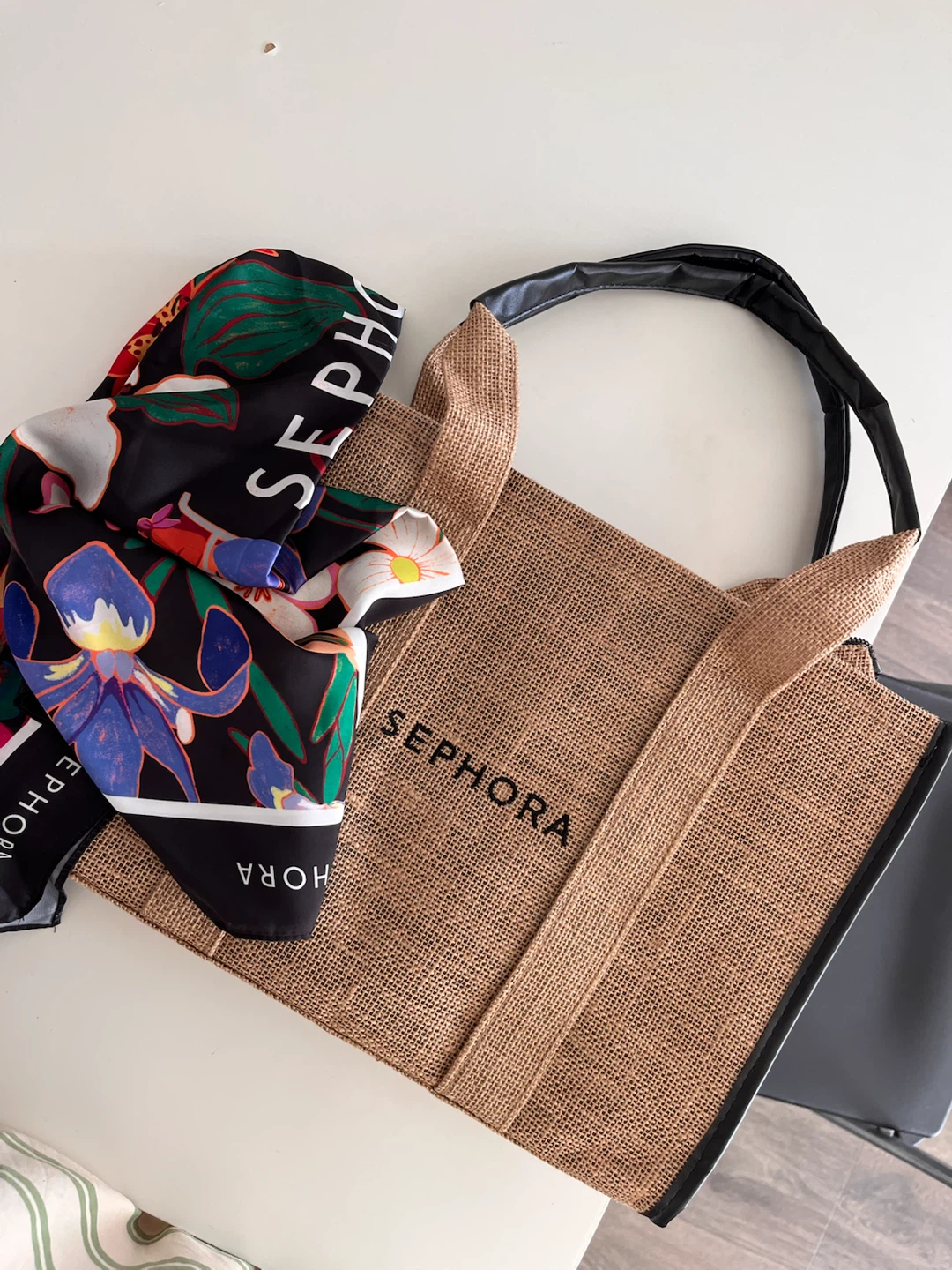 Brand new Sephora Jute Tote Bag with Floral Scarf