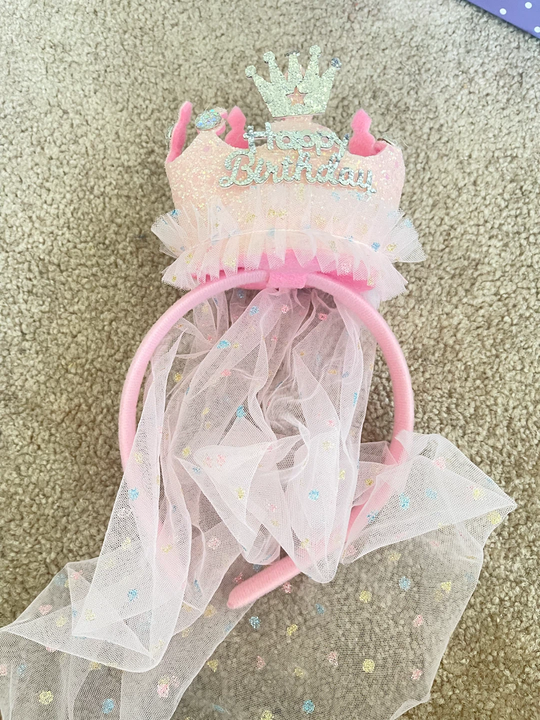 Pink Birthday Crown Headband with Veil