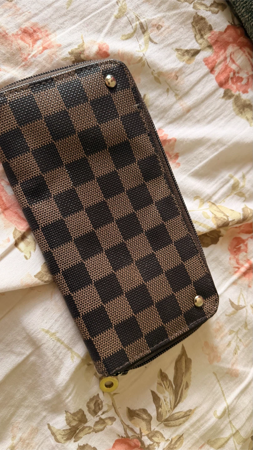 Brown checkered long wallet