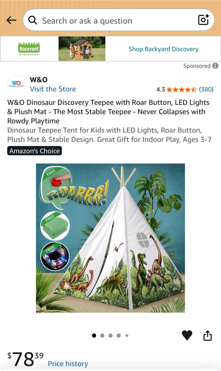 W&O Dinosaur Teepee with Plush Mat