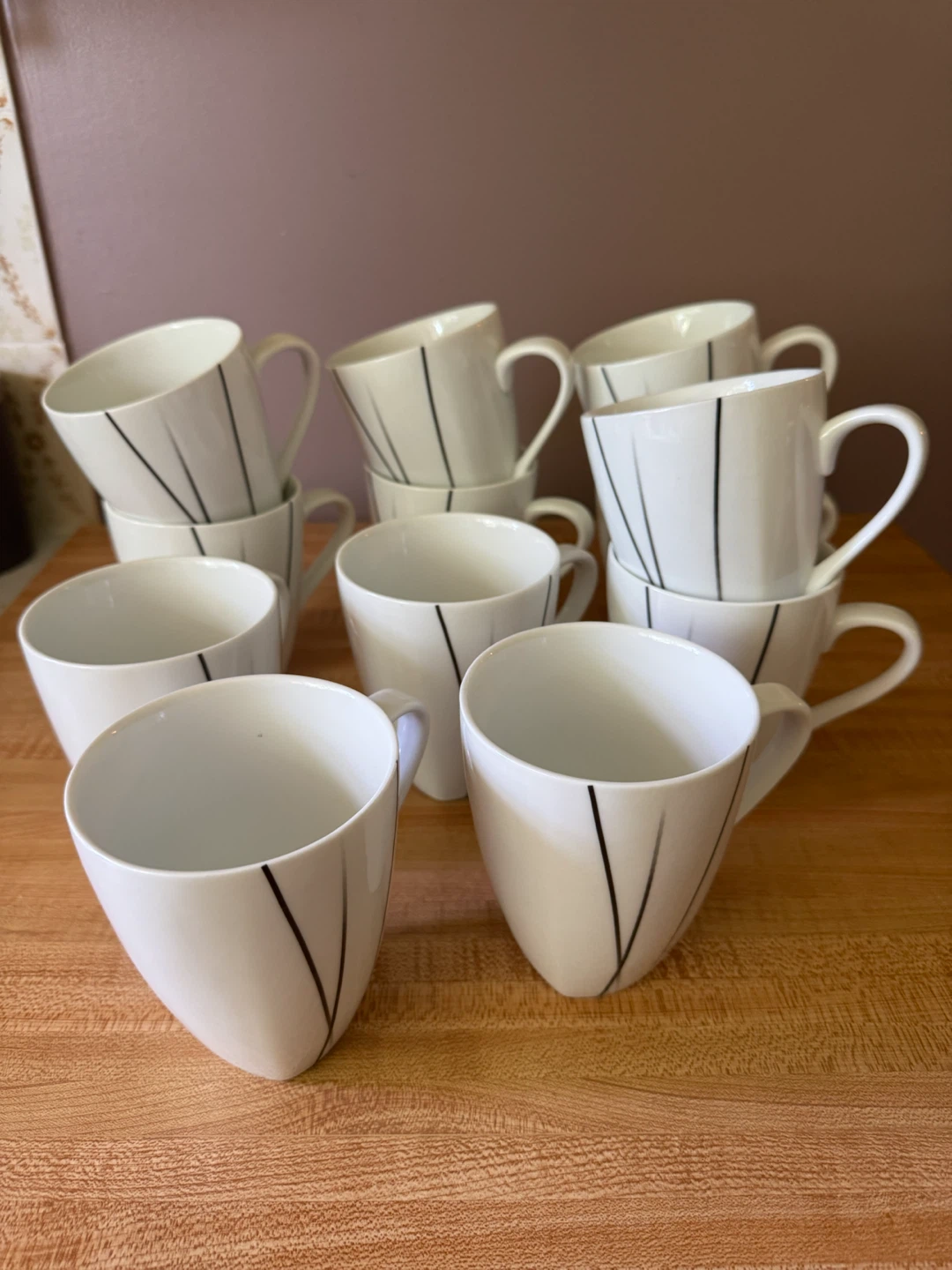 Set of 12 White Ceramic Mugs with Black Line Design