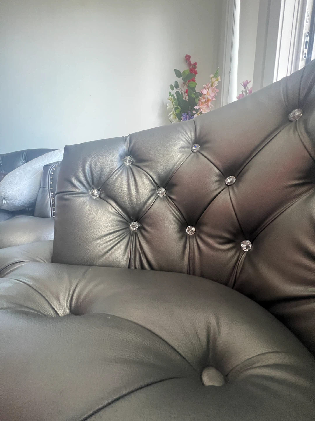 Tufted Faux Leather Couch - Silver - photo 5