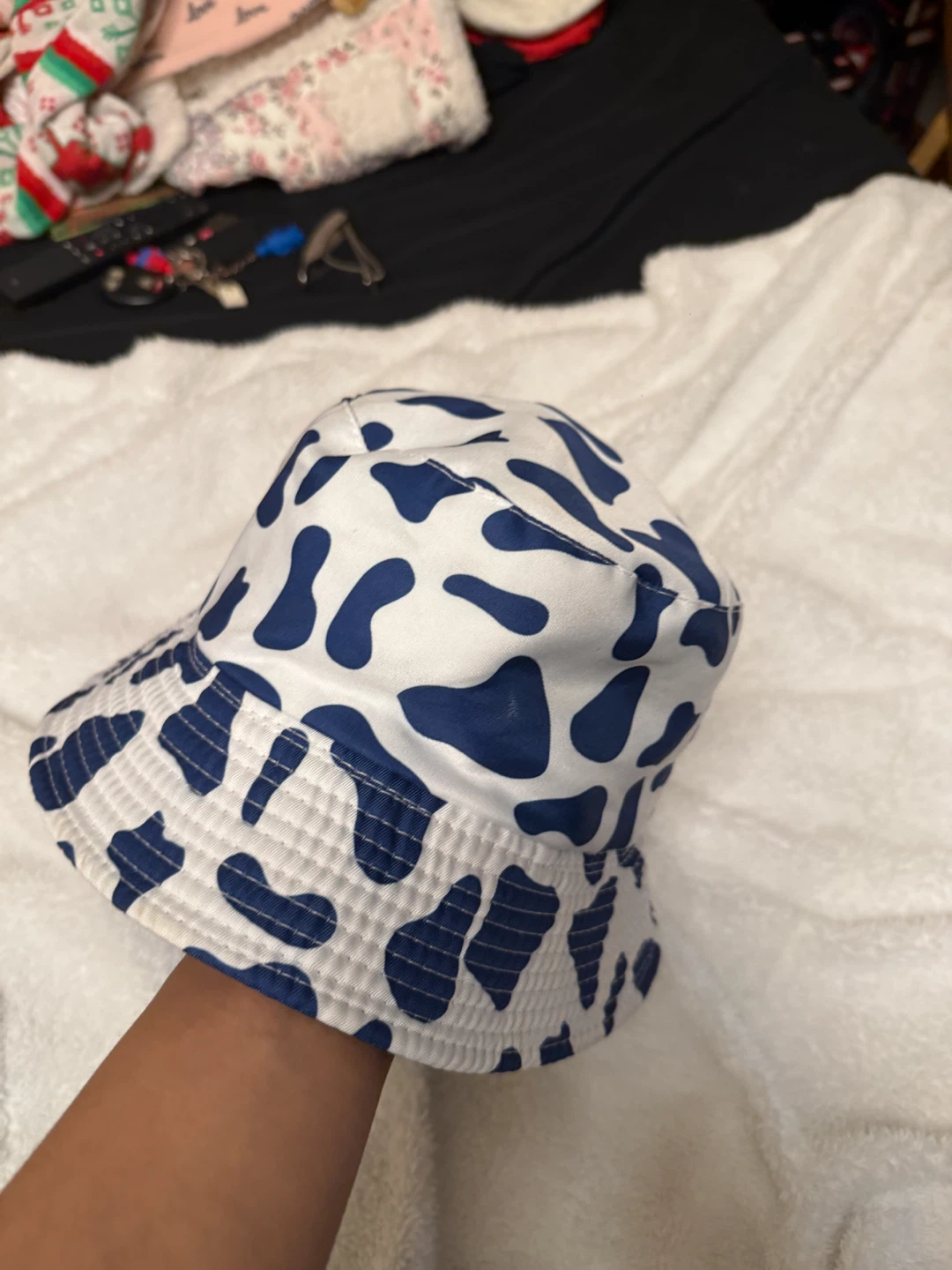 Blue and White Cow Print Bucket Hat