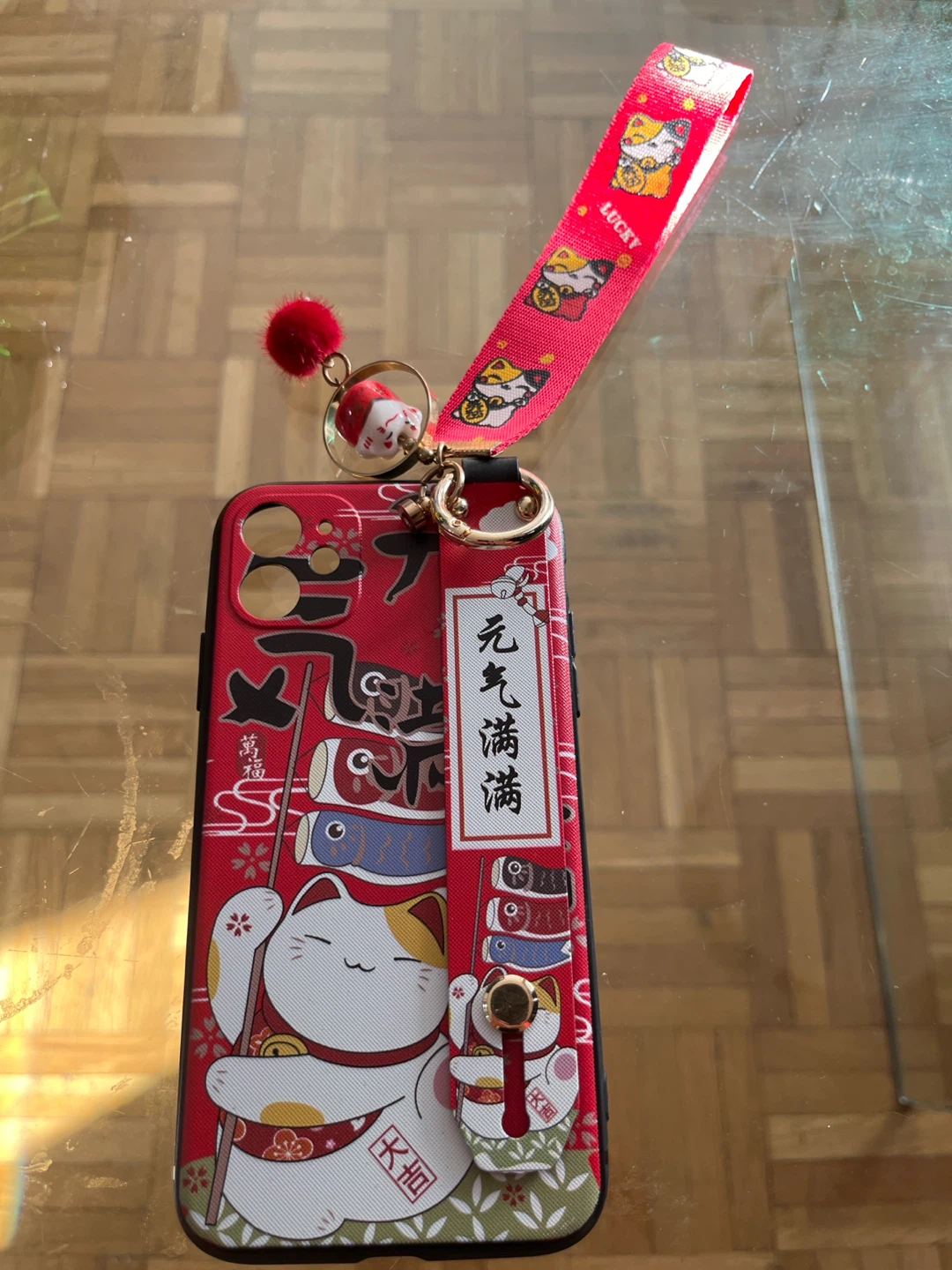 iPhone 11 Case with Lucky Cat Design and Lanyard