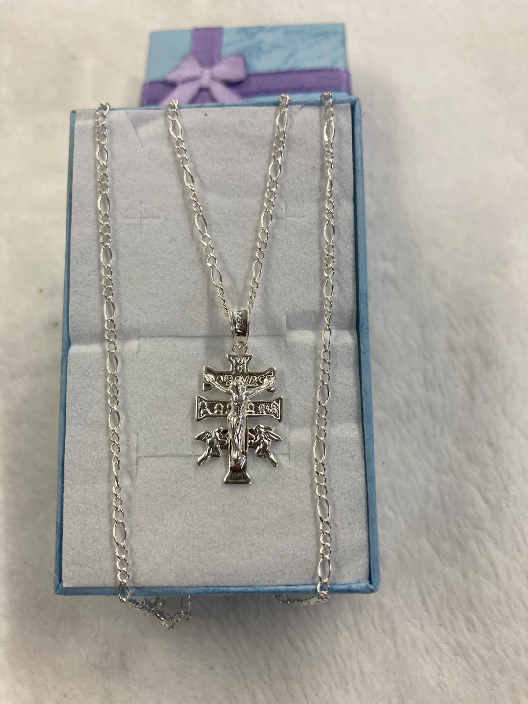 Silver Tone  Cross Pendant Necklace with Box