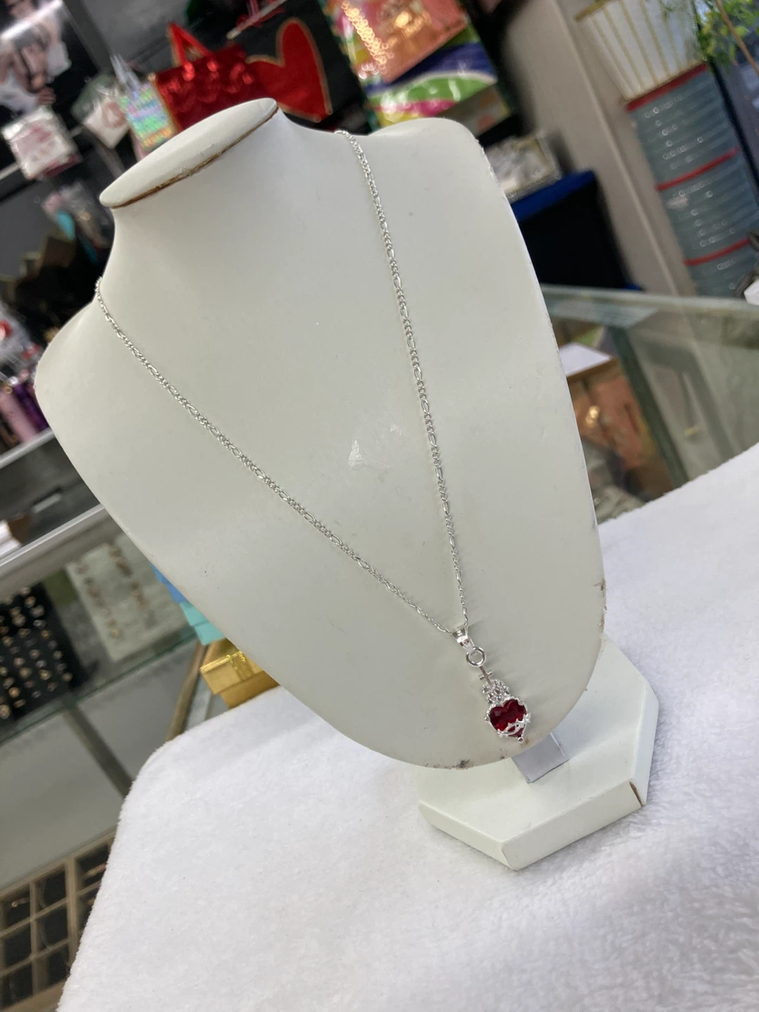 Silver Chain Necklace with Red Heart Pendant